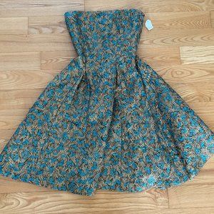 Cynthia Rowley Gold/Blue Strapless A-Line Dress Size 2 NWT